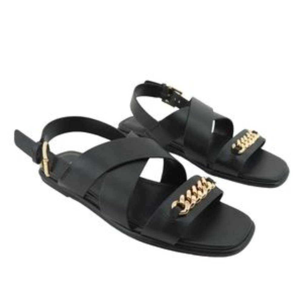 Michael Kors Womens 9.5 Shawna Sandals Black Strap Buckle Chain Faux Leather NEW